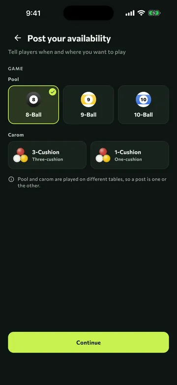 Choosing a game in RackUp: 8-Ball, 9-Ball, 10-Ball, 3-cushion and 1-cushion